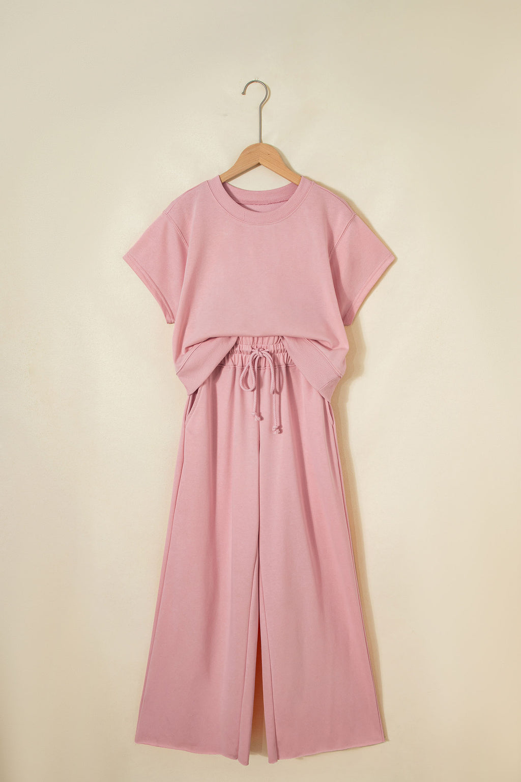 Mist Blue Solid Color Loose Tee Drawstring Wide Leg Pants 2pcs Outfit