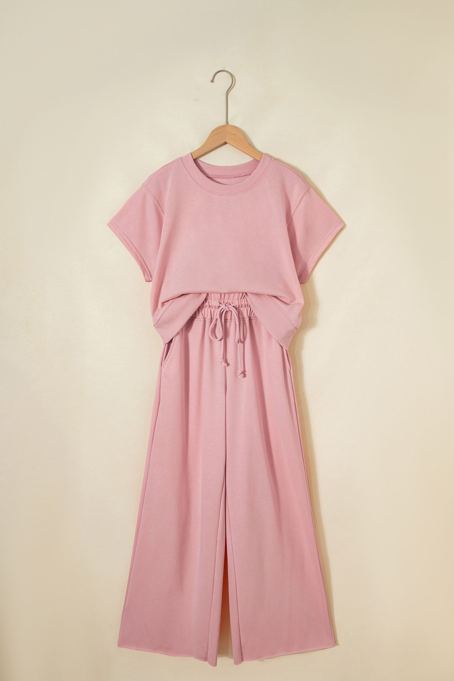 Mist Blue Solid Color Loose Tee Drawstring Wide Leg Pants 2pcs Outfit