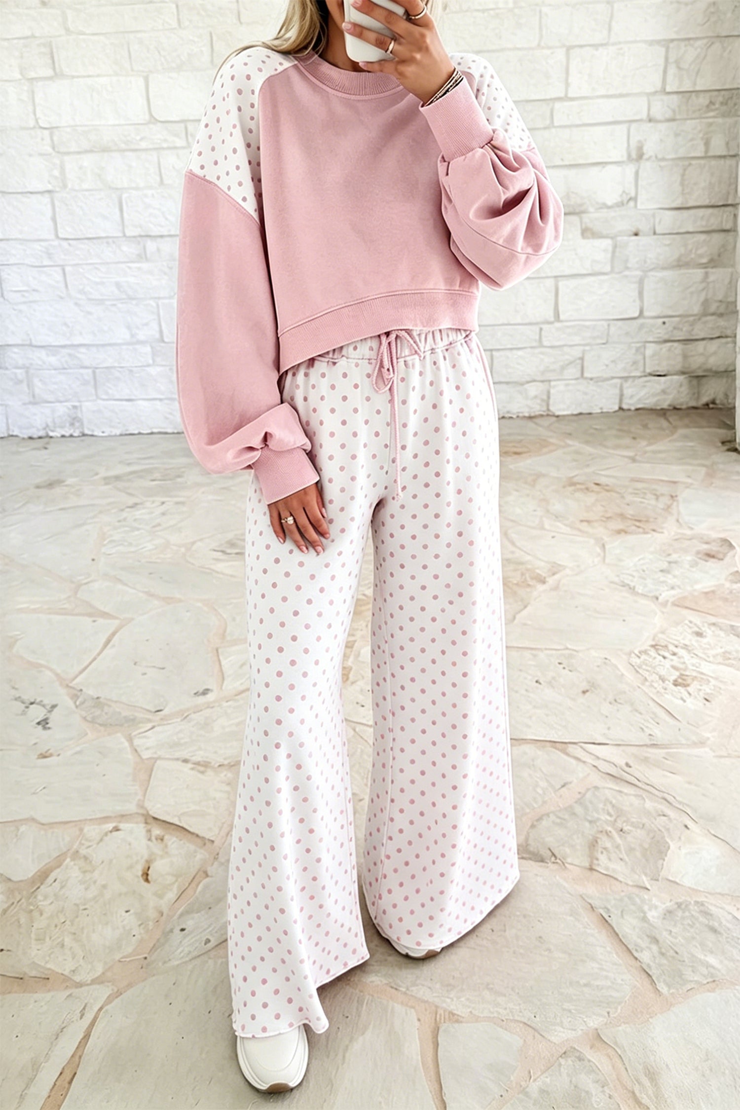 Khaki Polka Dot Patchwork Colorblock Long Sleeve Casual Two Piece Pants Set