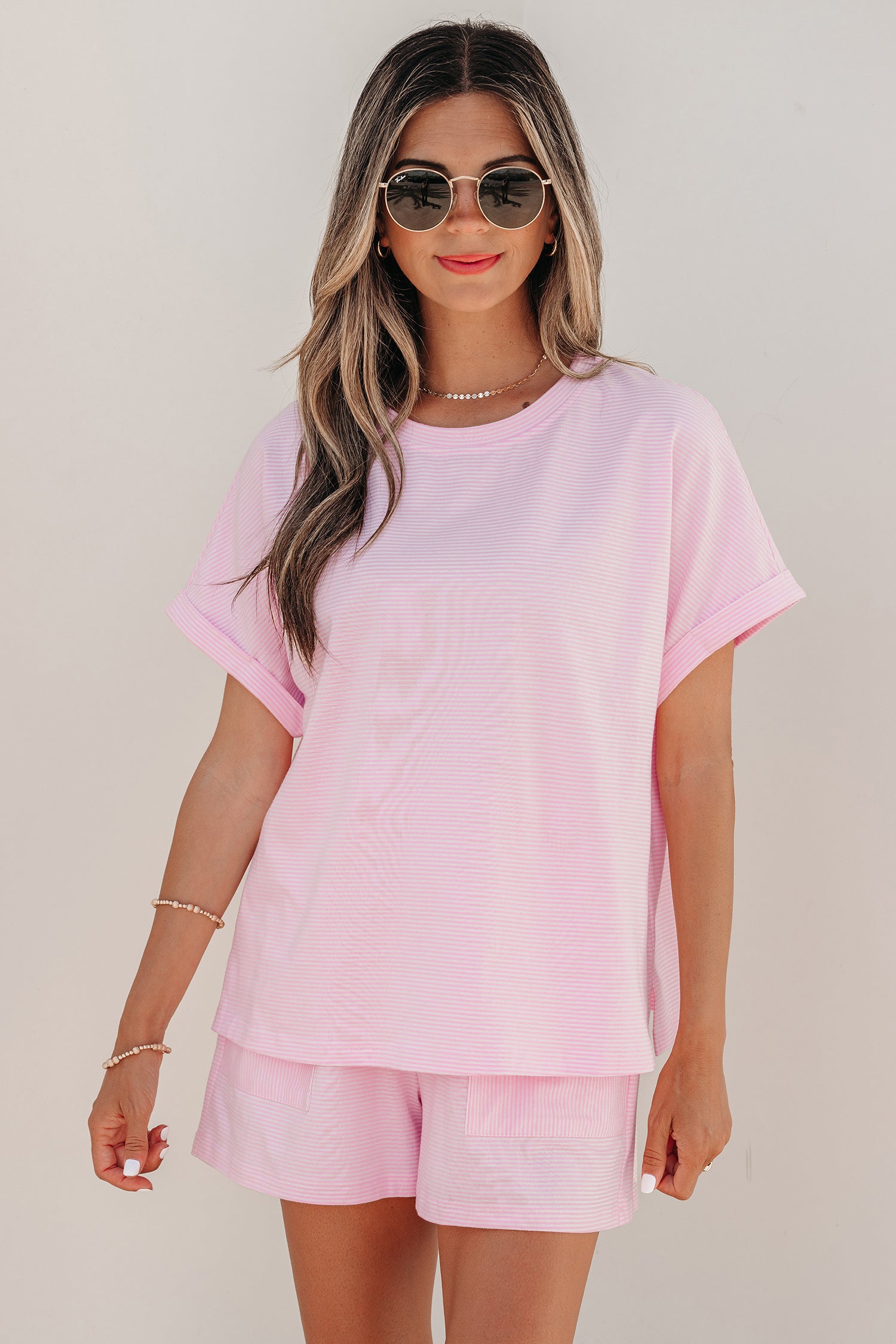 Pink Stripe Matching Oversized Tee and Drawstring Shorts Set