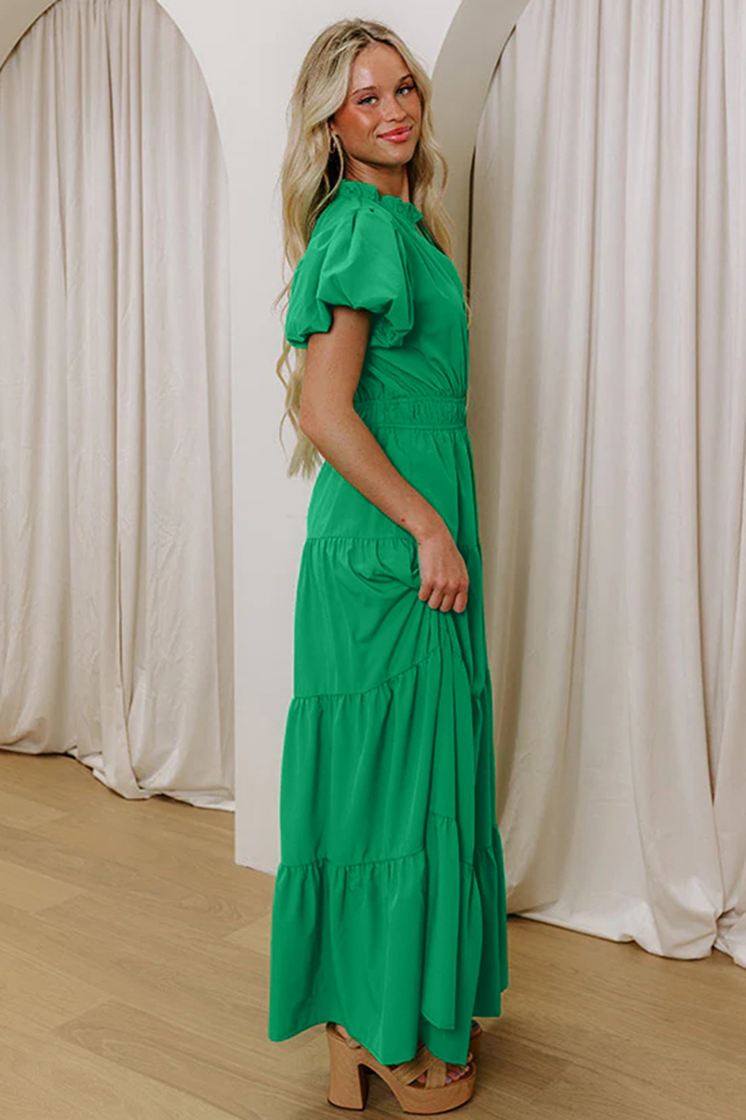 Gossamer Pink Solid Color V Neck Short Puff Sleeve High Waist Tiered Maxi Dress