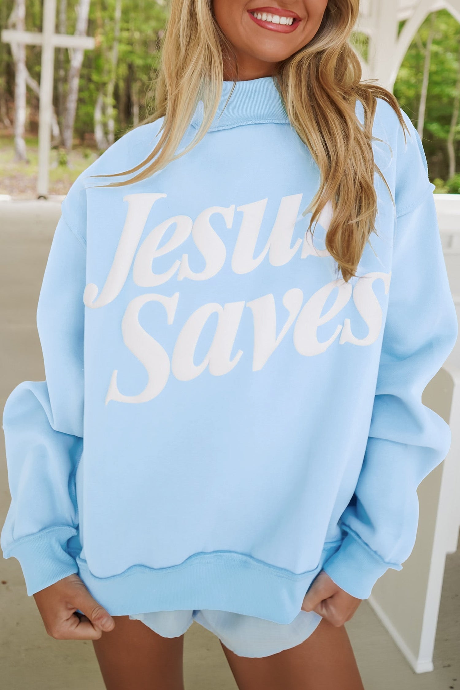 Mist Blue Jesus Saves Slogan Print Stand Neck Baggy Sweatshirt