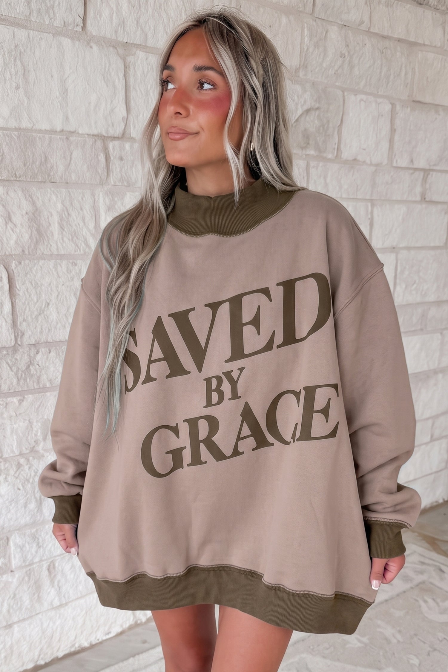 Bright Pink Saved By Grace Print Color Block Mock Neck Oversized Sweatshirt