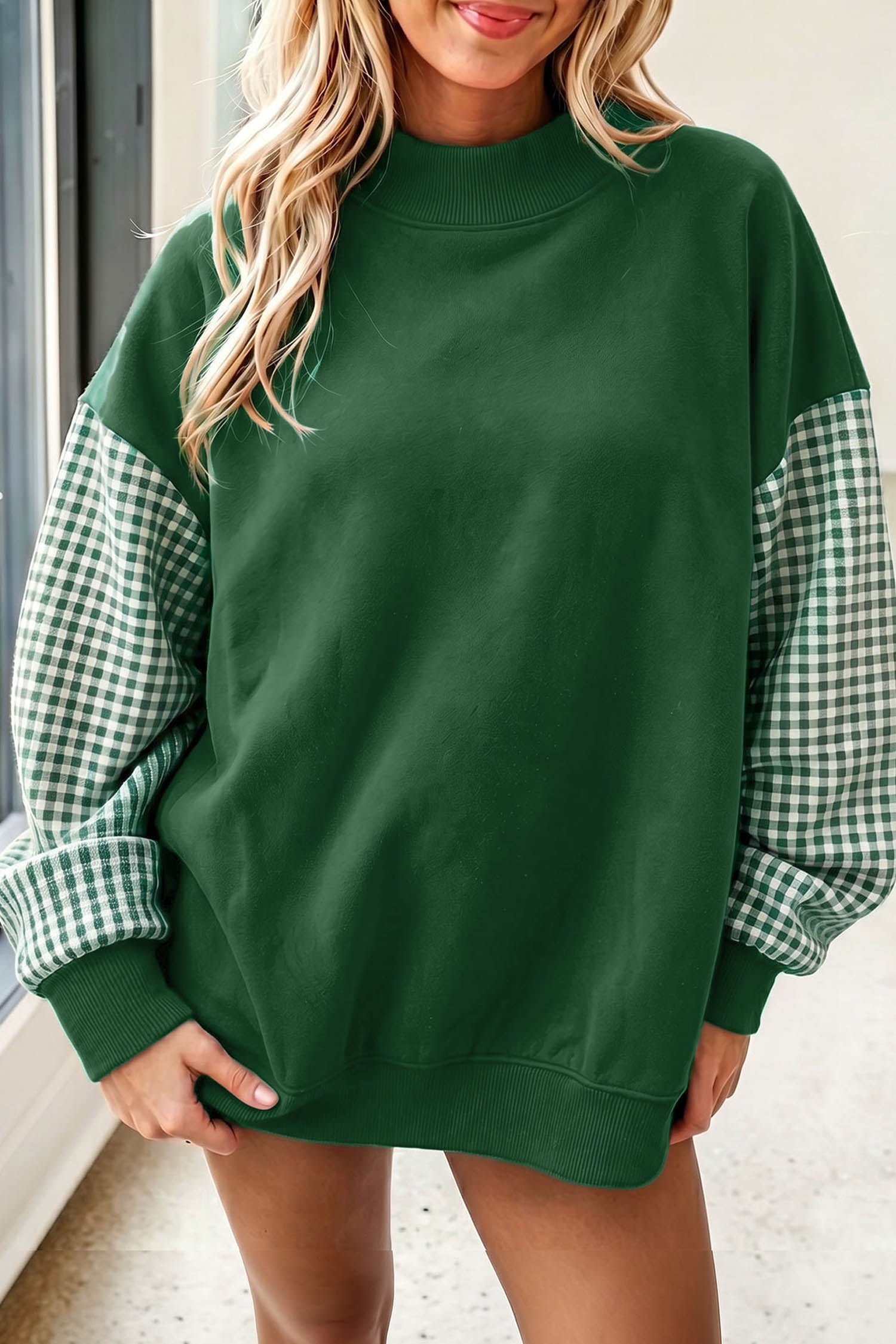 Fiery Red Plaid Sleeve Colorblock Loose Tunic Sweatshirt