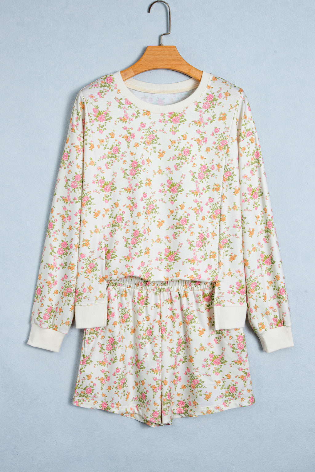 Beige Floral Print Long Sleeve Shift Top Pocketed Shorts 2pcs Set