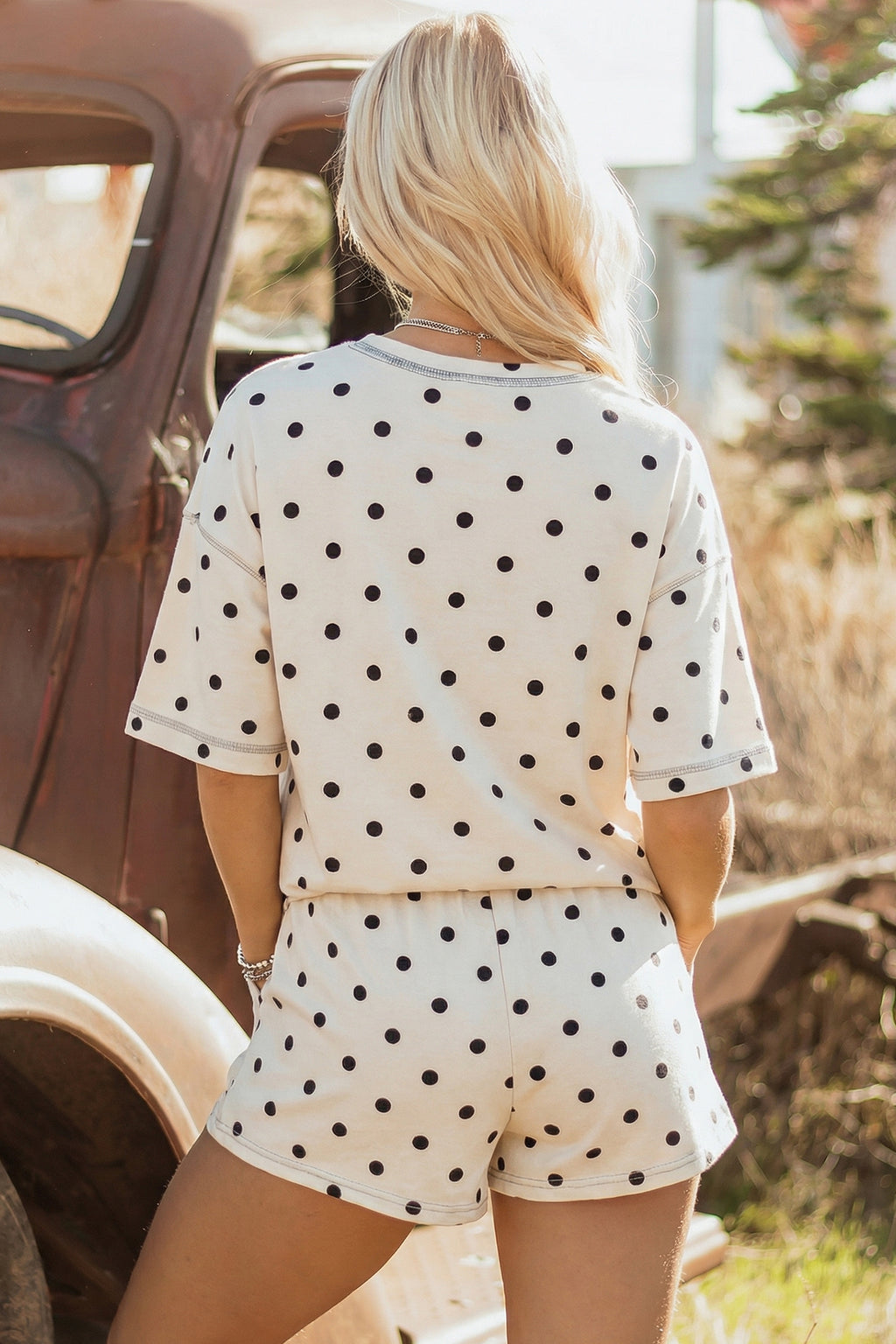 Pink Polka Dot Short Sleeve Loose Top Drawstring Shorts Set