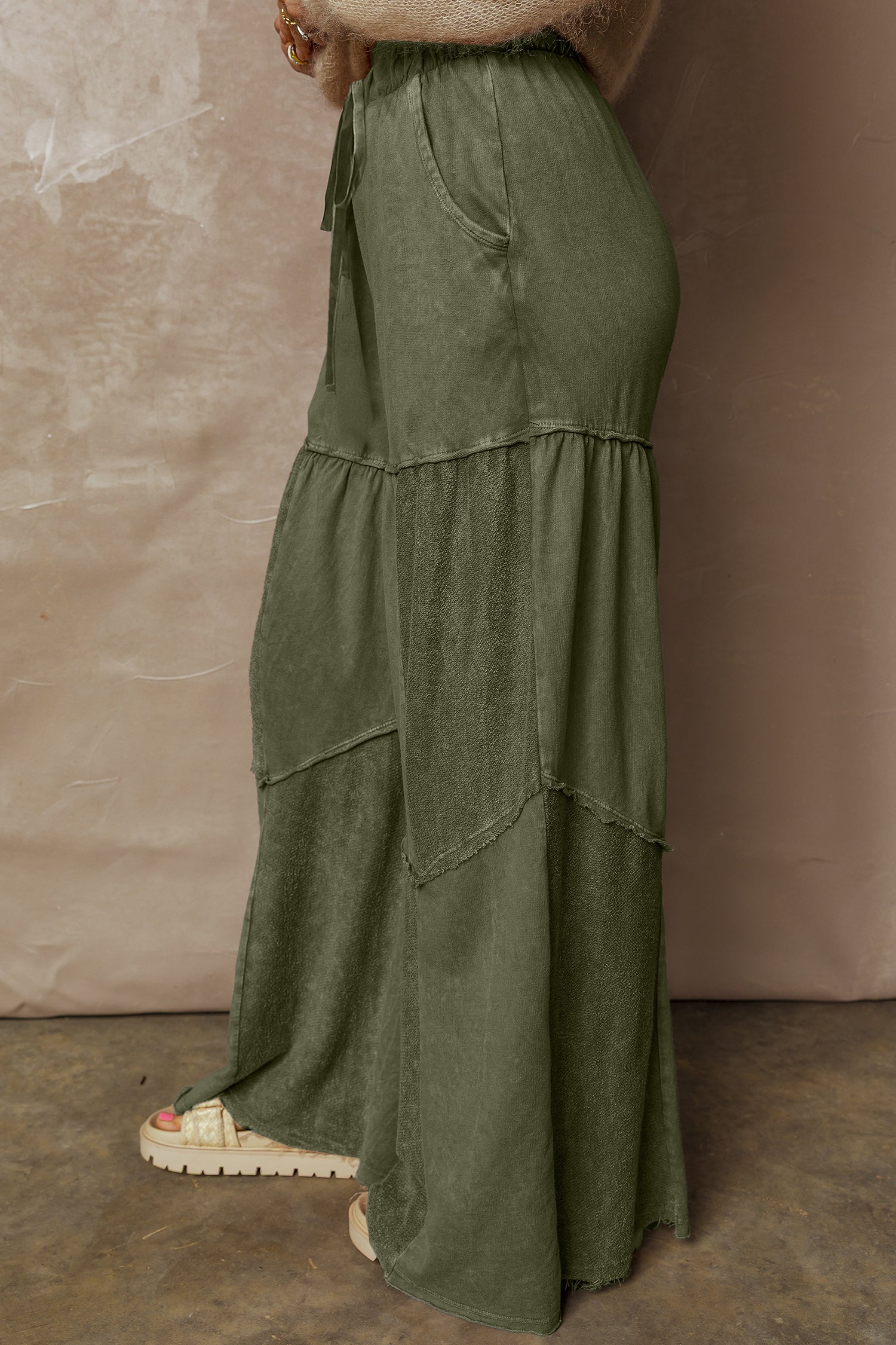 Vineyard Green Mineral Wash Tiered Wide Leg Patchwork Drawstring Pants