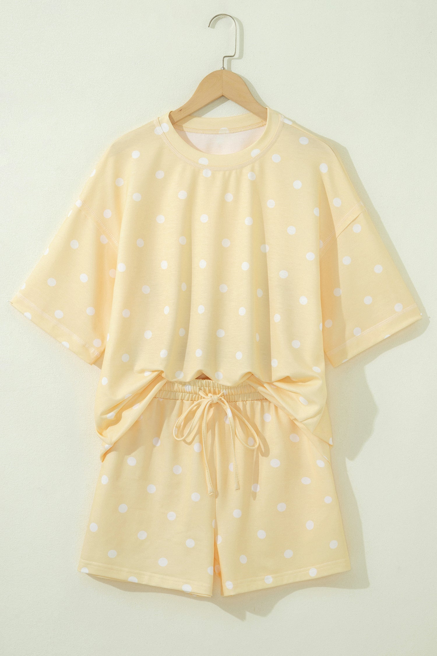 Pink Polka Dot Short Sleeve Loose Top Drawstring Shorts Set