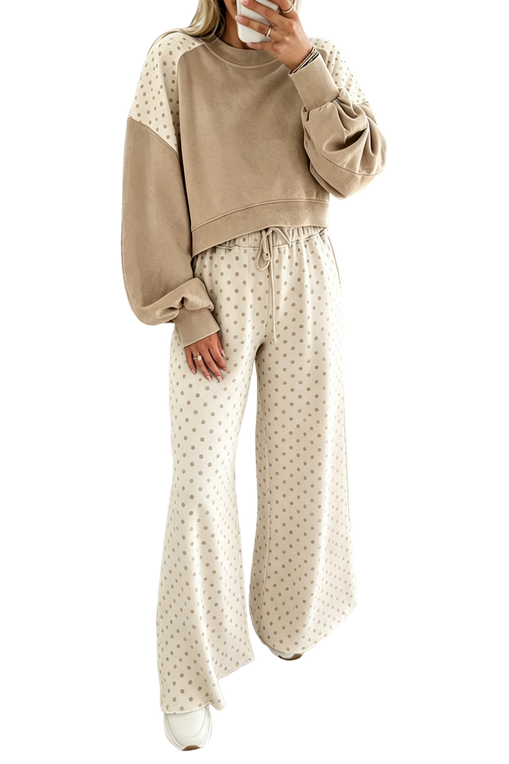 Khaki Polka Dot Patchwork Colorblock Long Sleeve Casual Two Piece Pants Set