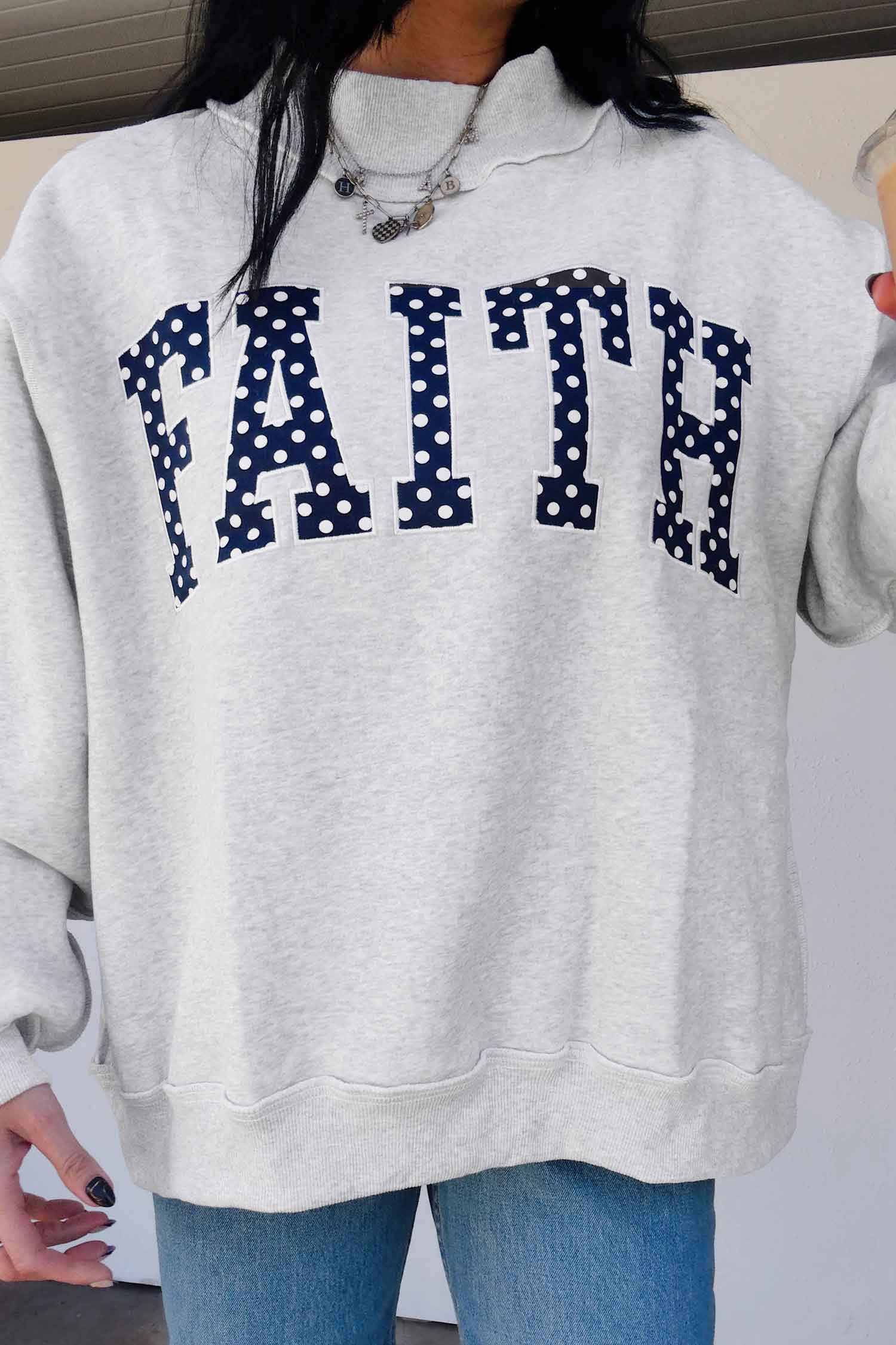 Gray High Neck Polka Dot Slogan Printed Baggy Sweatshirt